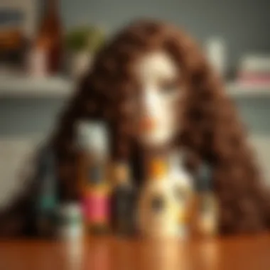 Care products arranged next to a long curly wig, illustrating maintenance essentials for vibrant curls.
