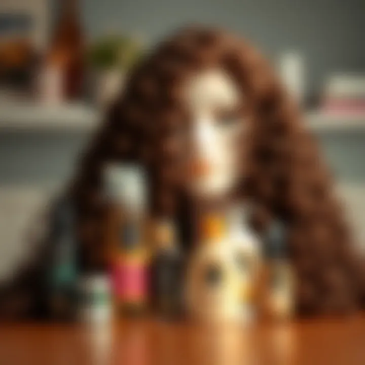 Care products arranged next to a long curly wig, illustrating maintenance essentials for vibrant curls.