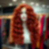 A stunning long curly wig displayed elegantly on a mannequin, showcasing vibrant color and texture.