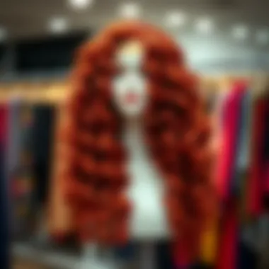 A stunning long curly wig displayed elegantly on a mannequin, showcasing vibrant color and texture.