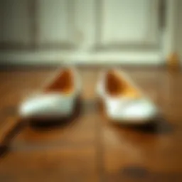 Elegant white flat shoes on a vintage wooden floor