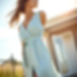 Elegant belted summer dress on a model in a sunny outdoor setting