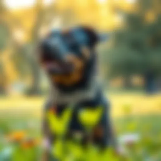 A stylish dog wearing a sparkling bling name collar in a park setting