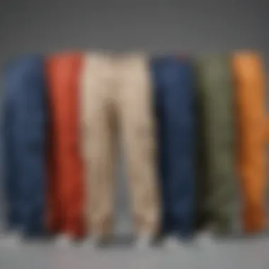 Variety of cargo pants displayed in different colors and styles