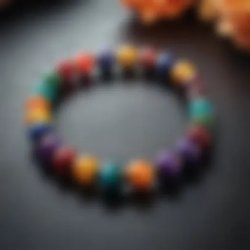 A close-up view of a chakra diffuser bracelet showcasing vibrant beads.