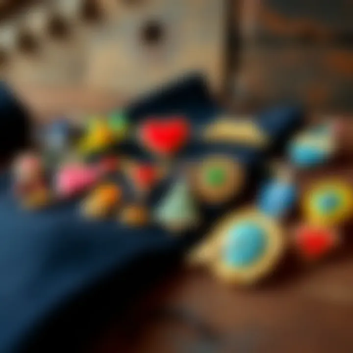 Colorful lapel pins displayed on a rustic background
