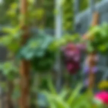 Various types of plants supported by vine wall clips in a garden setting