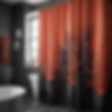 A stunning coral and black shower curtain in a contemporary bathroom