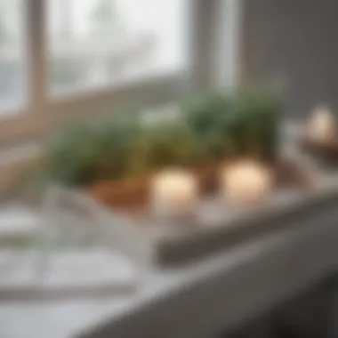 White washed wood tray styled with candles and greenery