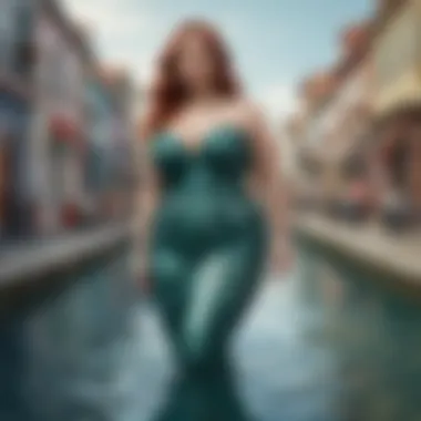 A creative concept image illustrating the cultural significance of mermaid aesthetics in plus size fashion.