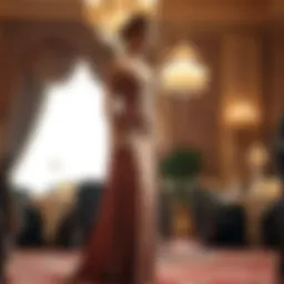 Elegant evening gown showcased in a lavish setting
