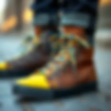 Creative Footwear Styling with Dual Colored Shoelaces Artistic arrangement of dual colored shoelaces with stylish footwear