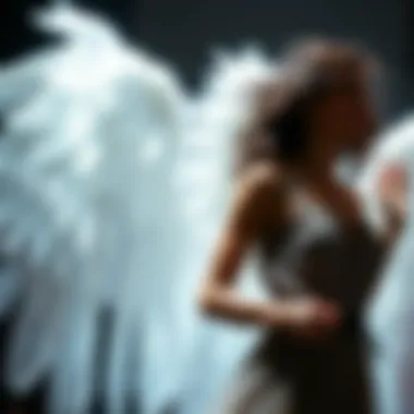 Fashion Ensemble Enhanced by Ethereal Backdrop Fashion ensemble highlighted by angel wings backdrop