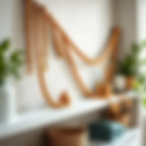 Elegant arrangement of large wood bead garlands on a minimalist shelf