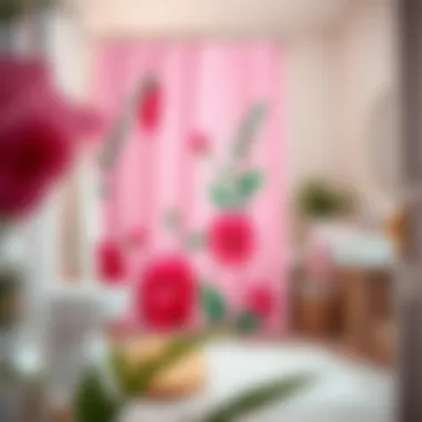 Styled Bathroom with Complementary Decor A beautifully styled bathroom featuring a pink and green shower curtain with complementary decor