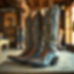 Elegant tall cowgirl boots displayed in a rustic setting