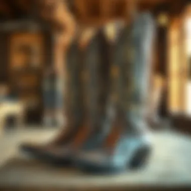 Elegant Tall Cowgirl Boots Elegant tall cowgirl boots displayed in a rustic setting
