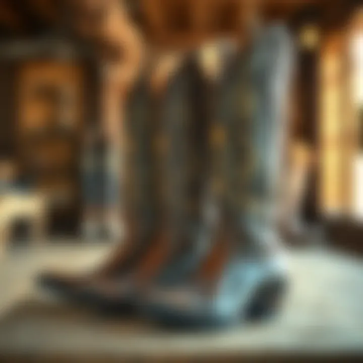 Elegant Tall Cowgirl Boots Elegant tall cowgirl boots displayed in a rustic setting