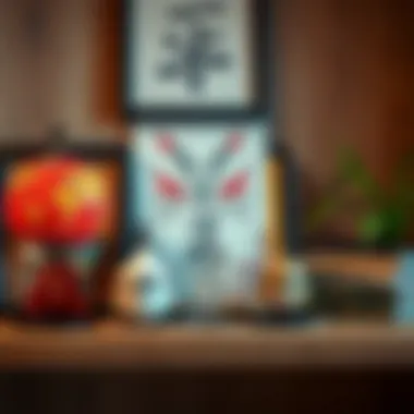 Close-up of anime-inspired decorative accents on a shelf