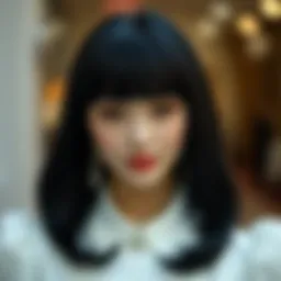 Elegant black long wig with bangs styled for a formal event