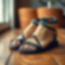 Stylish black strappy sandals on a wooden surface