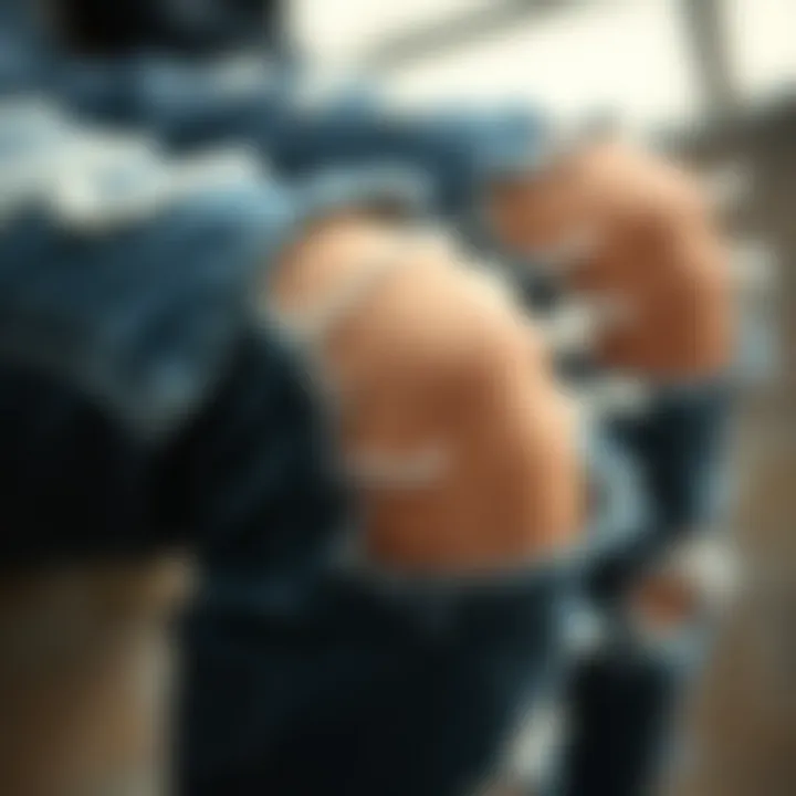 A close-up view of the intricate ripped detailing on a pair of colorblock jeans.