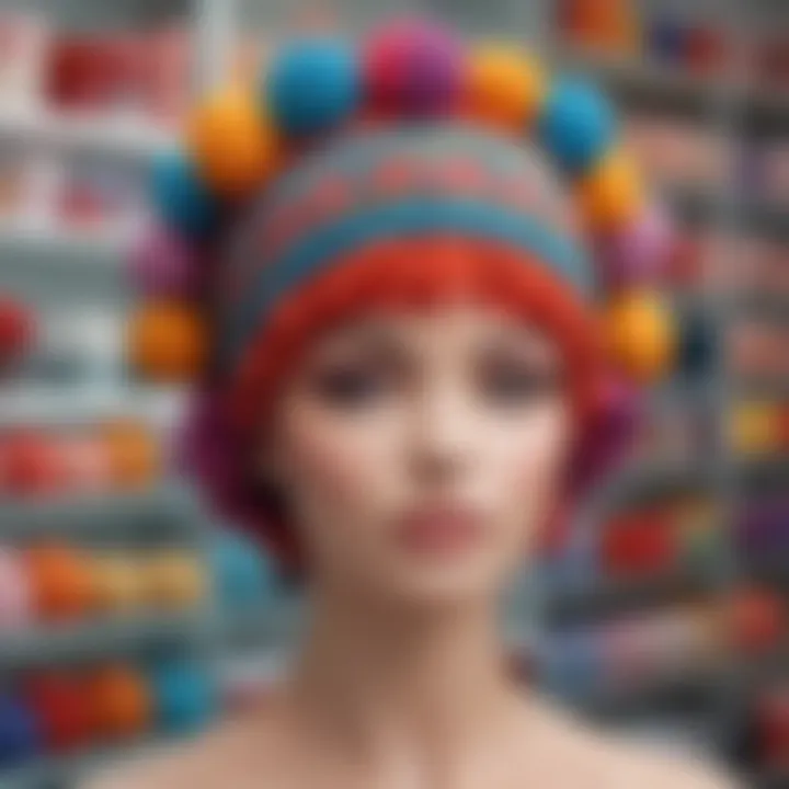 Stylish crochet wig cap adorned with vibrant colors and patterns displayed on a mannequin