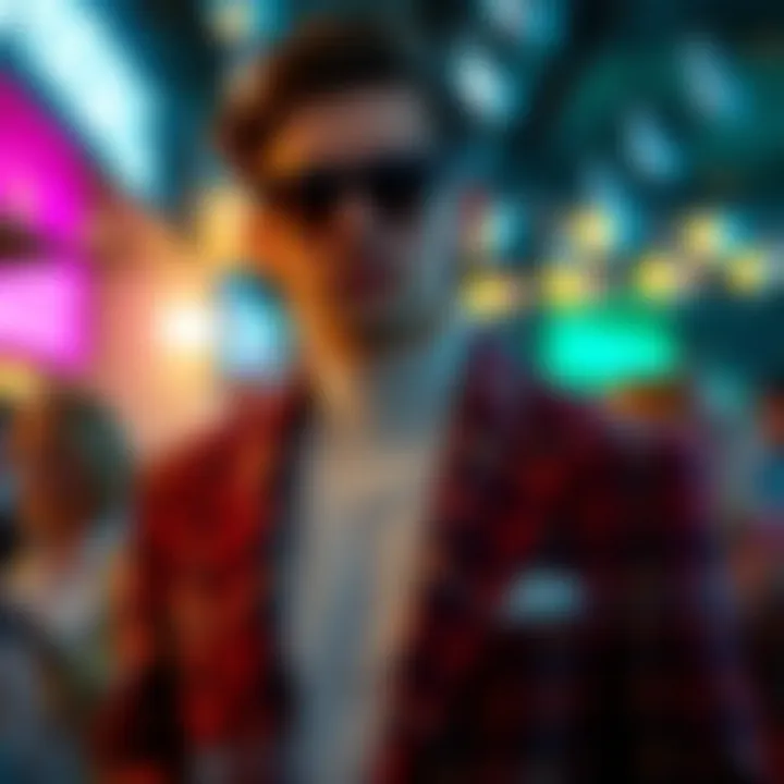 Fashionable individual showcasing a trendy tweed jacket at a social event