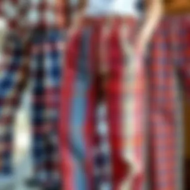 Diverse Plaid Patterns in Drawstring Waist Pants Variety of plaid patterns on drawstring waist pants displayed creatively