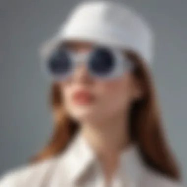 A close-up of a modern fashion ensemble featuring a hat and goggles.