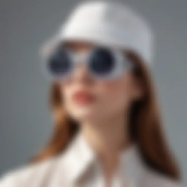 A close-up of a modern fashion ensemble featuring a hat and goggles.