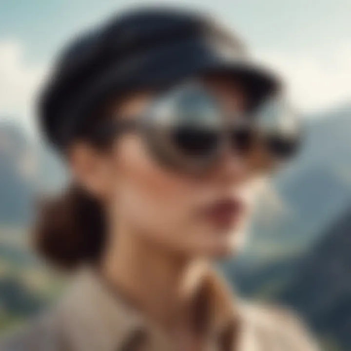 A stylish hat paired with vintage goggles against a scenic outdoor backdrop.