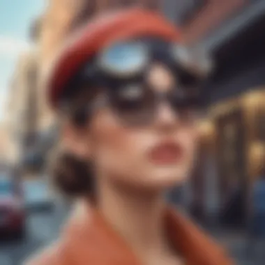 A vibrant urban scene showcasing individuals wearing fashionable hats and goggles.