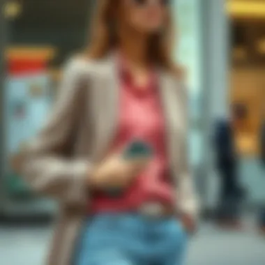 Trendy outfit complemented by a modern phone purse.