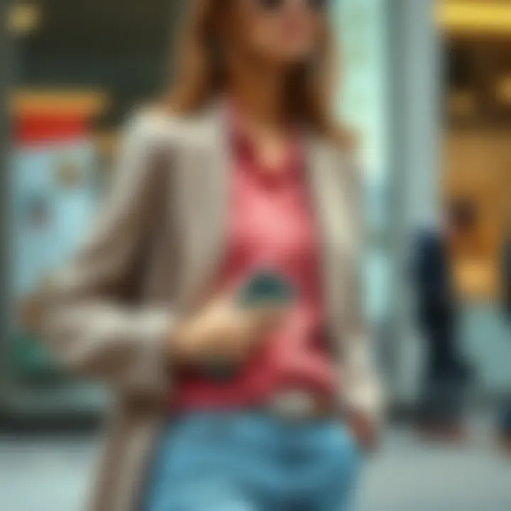 Trendy outfit complemented by a modern phone purse.