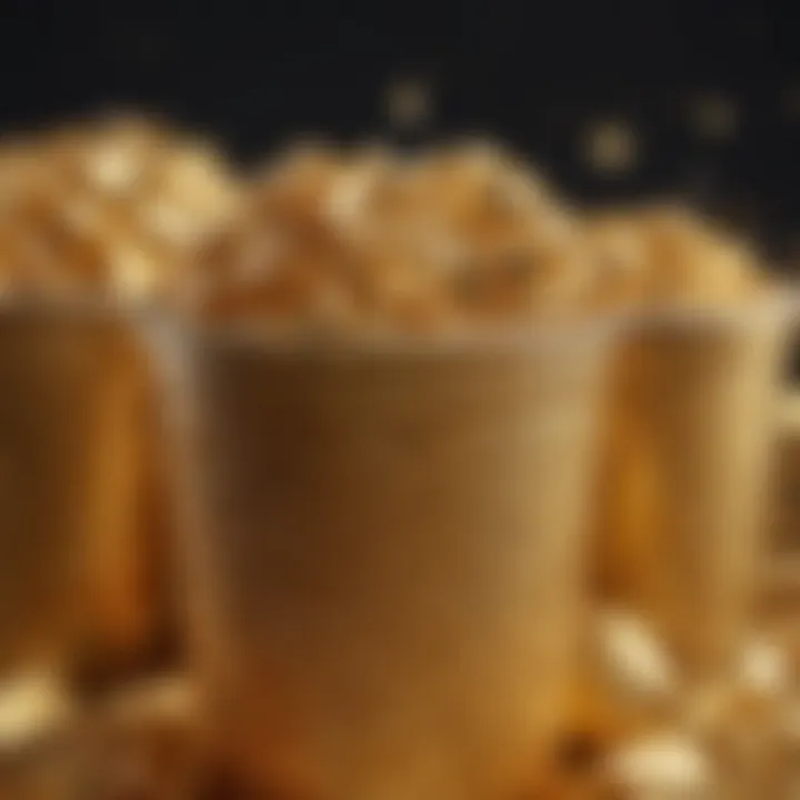 A close-up view of a gold glitter plastic cup filled with a refreshing beverage, showcasing its sparkling design.