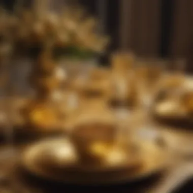 A beautifully set table adorned with gold glitter plastic cups, enhancing the overall decor and ambiance.