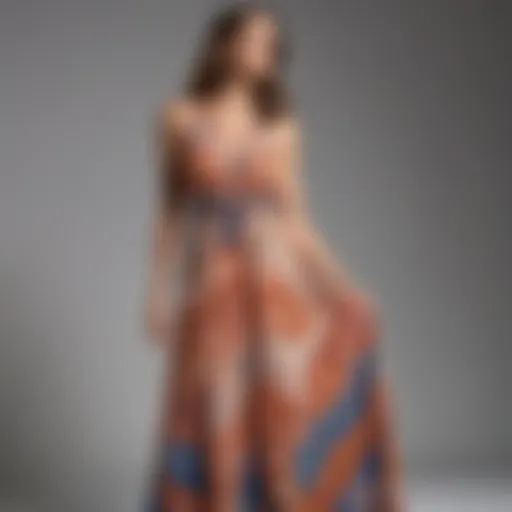 A beautiful halter boho maxi dress displayed on a mannequin, showcasing its flowing silhouette and vibrant print.