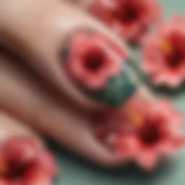 A vibrant close-up of hibiscus nail stickers showcasing intricate floral designs