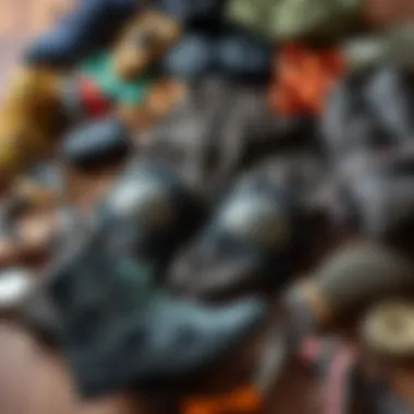 Hiking Gear Essentials Flat lay of hiking gear including pants with reinforced knees.