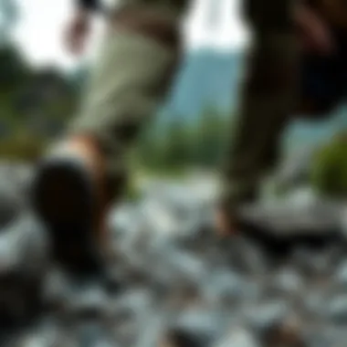 Practical Use in Hiking Hiker navigating a rocky trail wearing durable hiking pants.