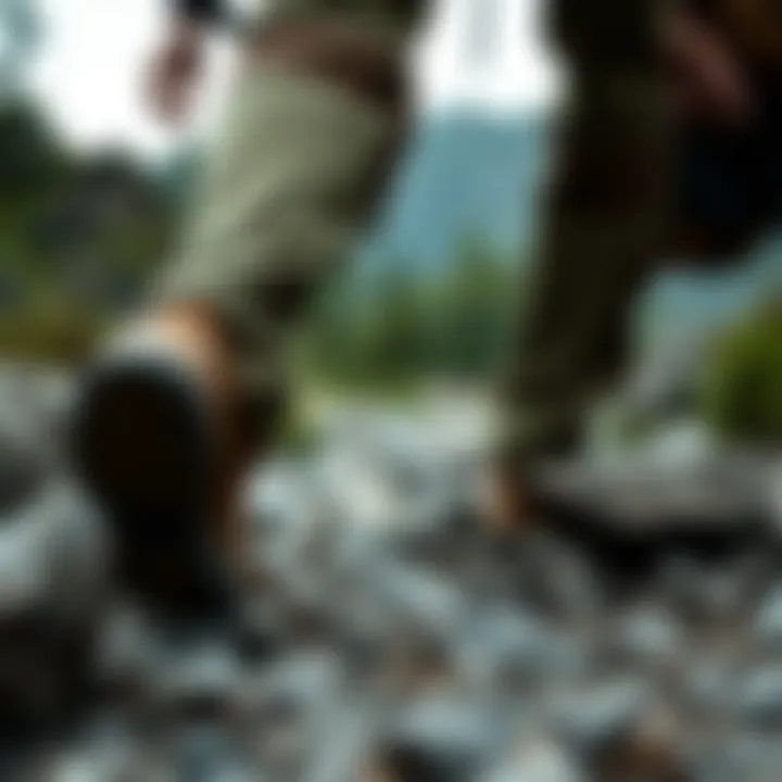 Practical Use in Hiking Hiker navigating a rocky trail wearing durable hiking pants.