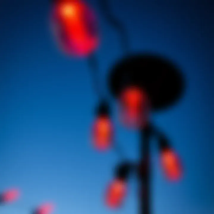 Close-up view of red solar string lights against a night sky