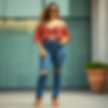 Chic Lace-Up Jeans Ensemble Chic lace-up jeans styled with a vibrant top