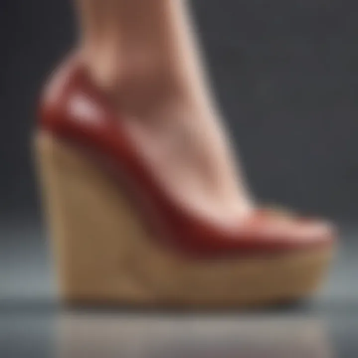 Close-up of a unique wedge shoe design showcasing craftsmanship