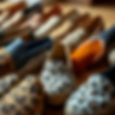 A collection of leopard espadrilles displayed in various materials and colors.