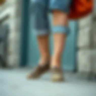 A stylish pair of leopard espadrilles paired with a casual summer outfit.