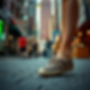 A dynamic scene showcasing leopard espadrilles in a vibrant urban setting.