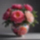 A vibrant arrangement of peony faux flowers in a decorative vase