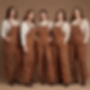 A group of plus size individuals showcasing brown overalls in different styles